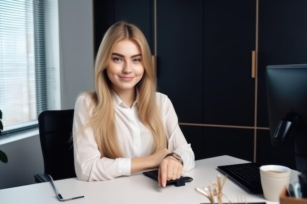 Portrait of a young woman showing thumbs up while working at her desk created with generative ai