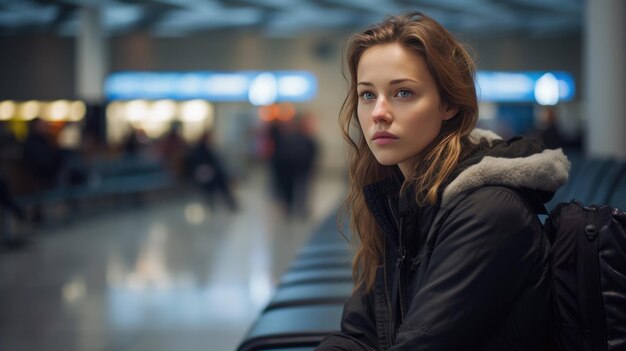 Photo portrait of a young woman sitting in the airport