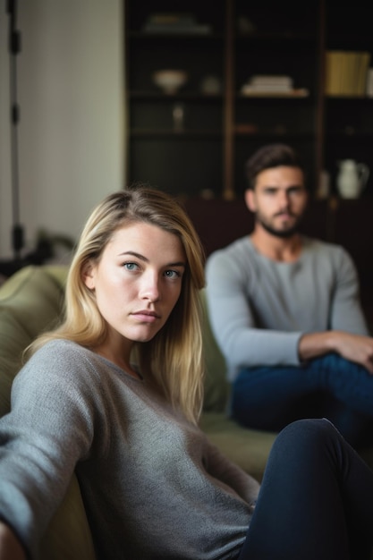 Portrait of a young woman sitting in the lounge room at home with her boyfriend