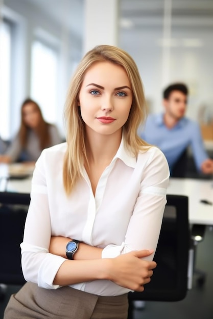 Portrait of a young woman sitting in an office with colleagues in the background