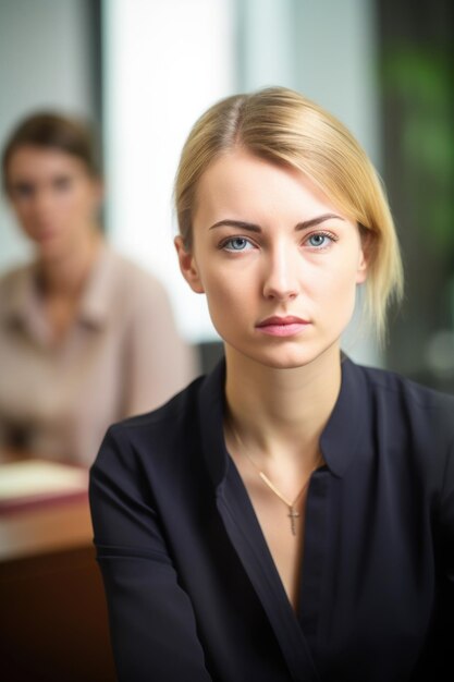 Portrait of a young woman sitting in an office with her colleague blurred in the background