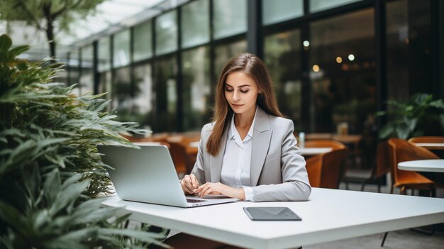 Photo portrait of young woman sitting in office