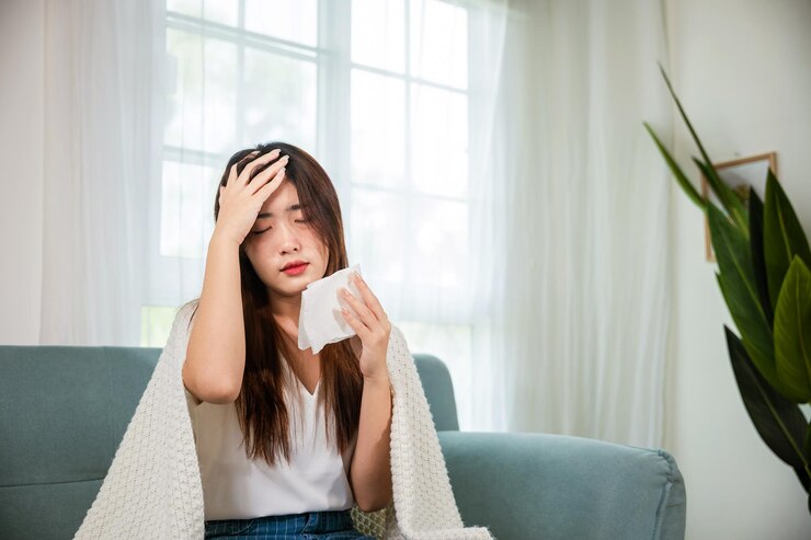 Photo 집에서 소파에 앉아 있는 젊은 여성의 초상화