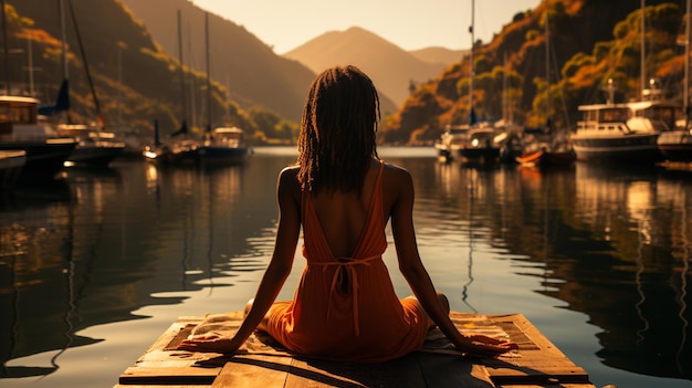 portrait of young woman sitting on the wooden pier