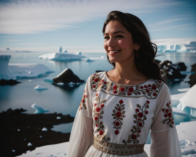 빙산 앞에서 카메라를 향해 미소 짓는 젊은 여성의 초상화