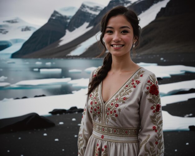 Portrait of a young woman smiling at camera in front of icebergs ai generative