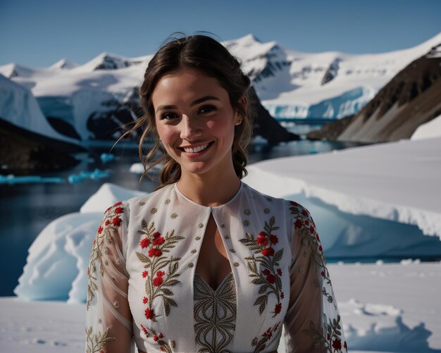 Foto ritratto di una giovane donna che sorride alla telecamera di fronte agli iceberg