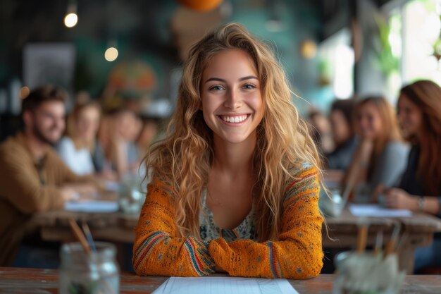 Portrait of a young woman smiling with a group of people in the background