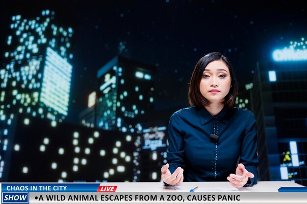 Photo portrait of young woman standing against illuminated city at night