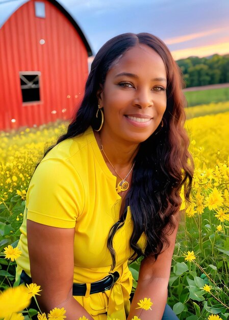 Portrait of young woman standing amidst yellow flowers