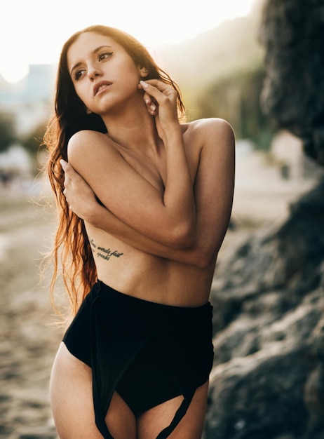 Photo portrait of young woman standing at beach