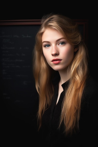 Portrait of a young woman standing in front of a black board with copyspace