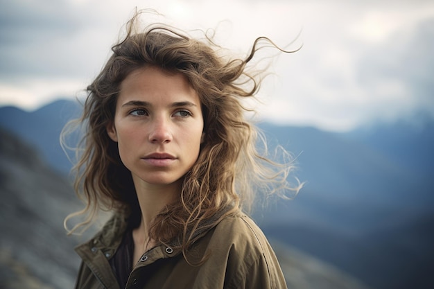 Portrait of a young woman standing in front of a mountain range created with generative ai