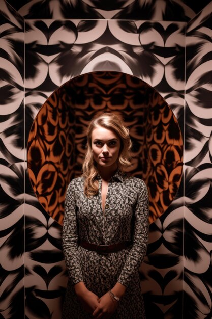 Foto ritratto di una giovane donna in piedi davanti a un'esposizione di illusioni ottiche
