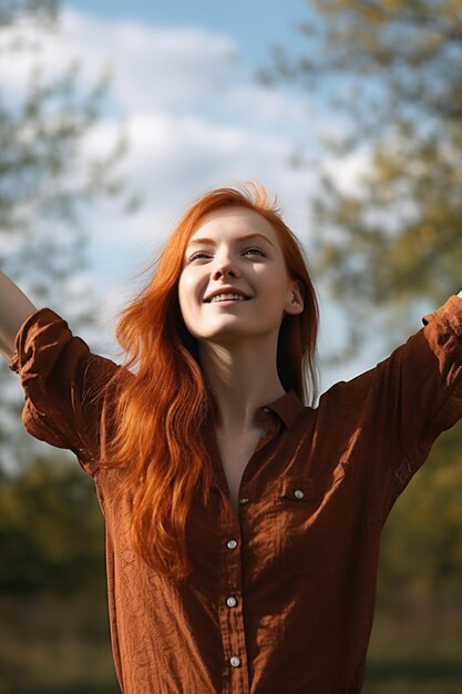 Portrait of a young woman standing with her arms outstretched in the outdoors