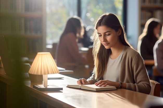 机で勉強している若い女性の肖像画