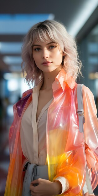 Portrait of young woman in the style of pink and azure carrying a clear bag Generative AI