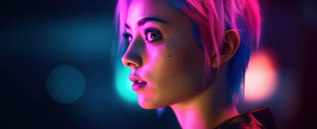 Portrait of a young woman styled in cyberpunk fashion The neon lights highlight her pretty face