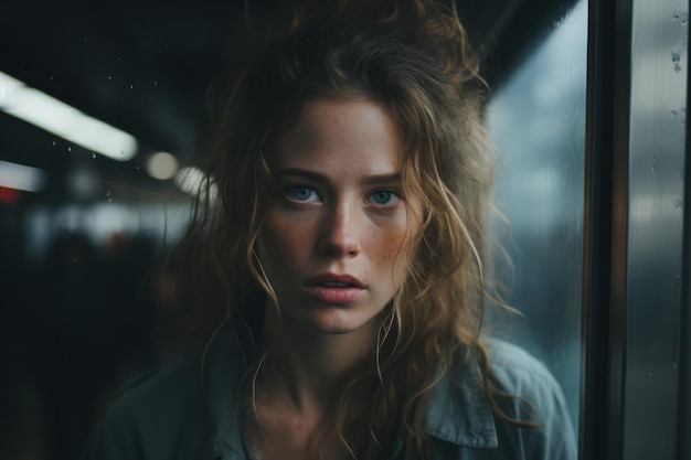 地下鉄駅の若い女性の肖像画