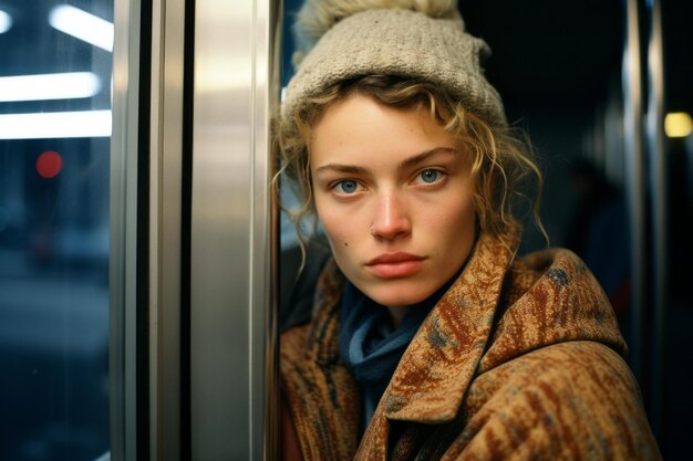 портрет молодой женщины в поезде метро, смотрящей в окно