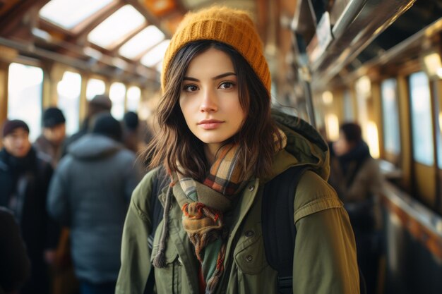 portrait of a young woman on a subway train