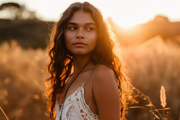 Photo portrait of a young woman in a sunsetlit field