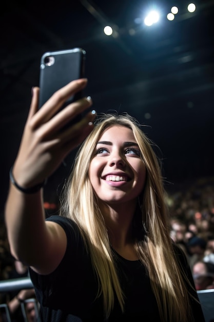 Portrait of a young woman taking selfies while at a concert created with generative ai