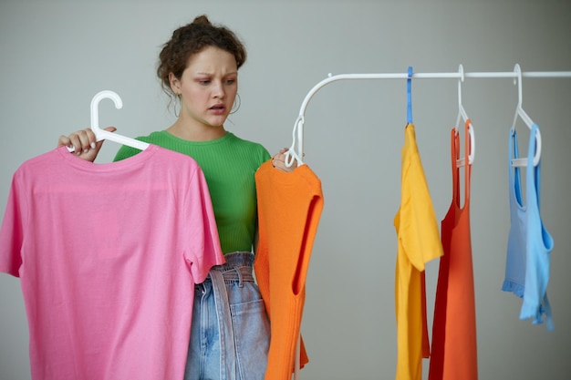 Portrait of a young woman trying on clothes wardrobe Youth style light background unaltered