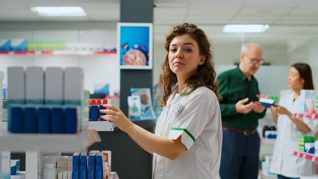 Photo portrait of young woman using mobile phone while standing in supermarket