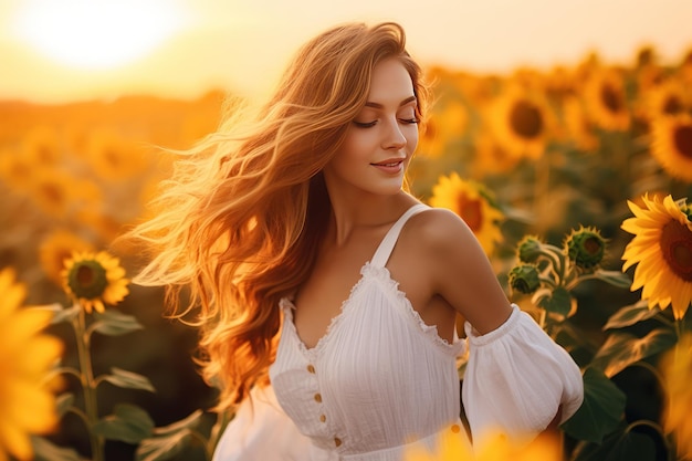 Portrait of young woman walking in blooming sunflower field at sunset summer in ukraine ai generated