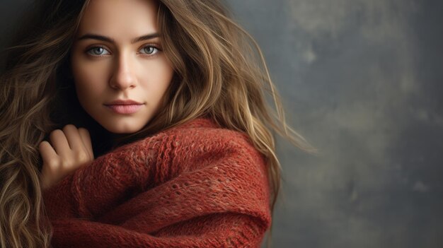 暖かい編み物のセーターを着た若い女性の肖像画自分を抱きしめてカメラを見ている快適で平和な温かさのコンセプト