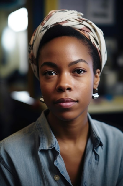 portrait of a young woman wearing earbuds while working in an office created with generative ai