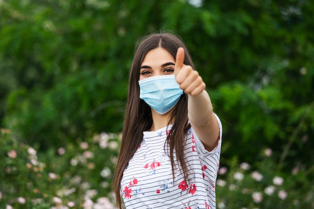 Portrait of young woman wearing face protective mask to prevent Coronavirus and anti-smog. Portrait of young woman wearing face mask.