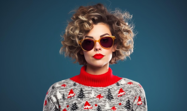 Portrait of a young woman wearing a festive christmas jumper