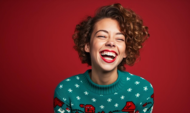 Portrait of a young woman wearing a festive christmas jumper