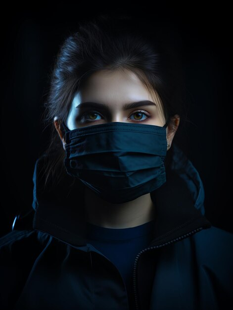 portrait of a young woman wearing a medical mask on a dark background