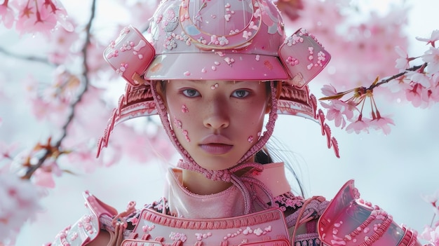 Photo portrait of a young woman wearing a pink samurai helmet