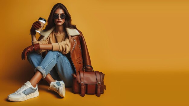 Portrait of young woman wearing sunglasses gloves and leather jacket holding coffee cup hot choco