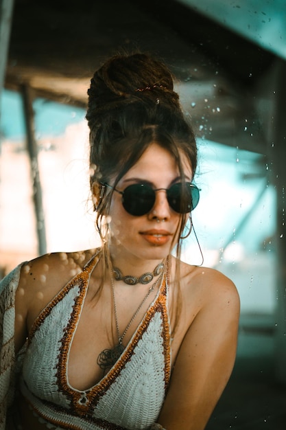portrait of young woman wearing sunglasses