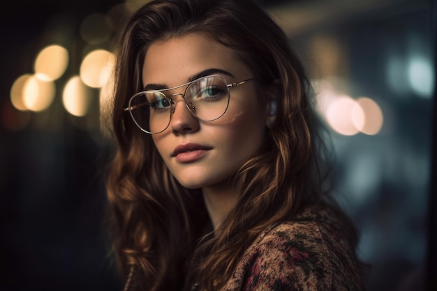 Portrait of a young woman wearing trendy glasses created with generative ai