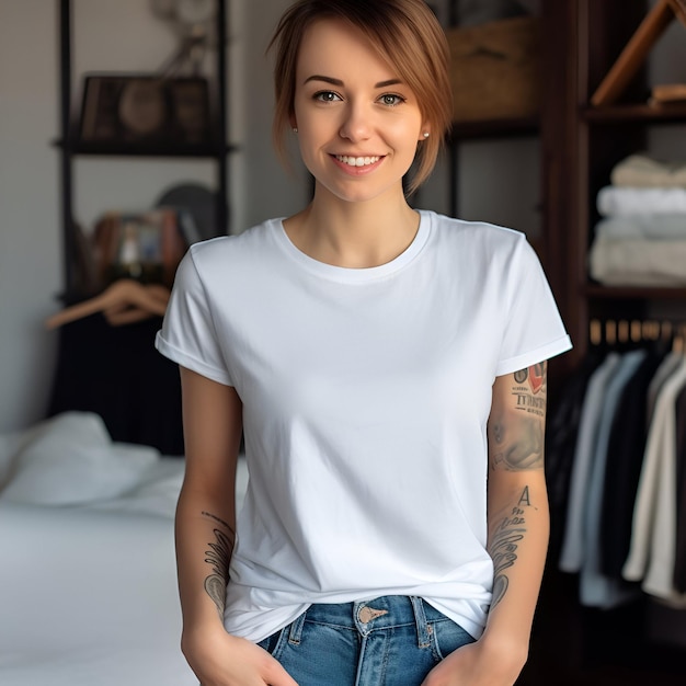 Portrait of a young woman wearing white t shirt sitting in room