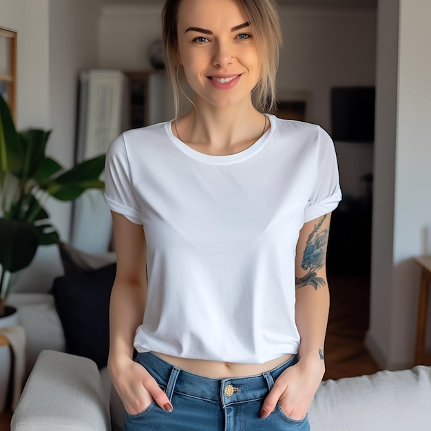 Portrait of a young woman wearing white t shirt sitting in room