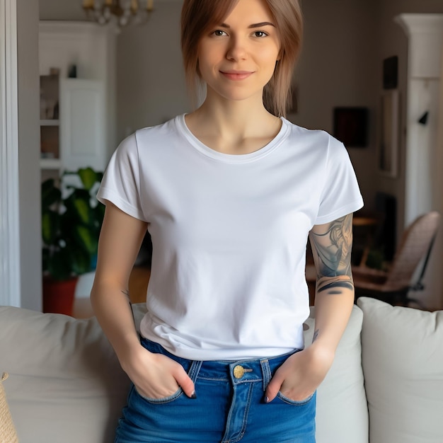 Портрет молодой женщины в белой футболке, сидящей в комнате