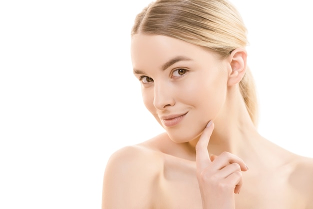 The portrait of the young woman on the white background