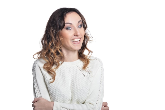 Portrait of young woman on white background