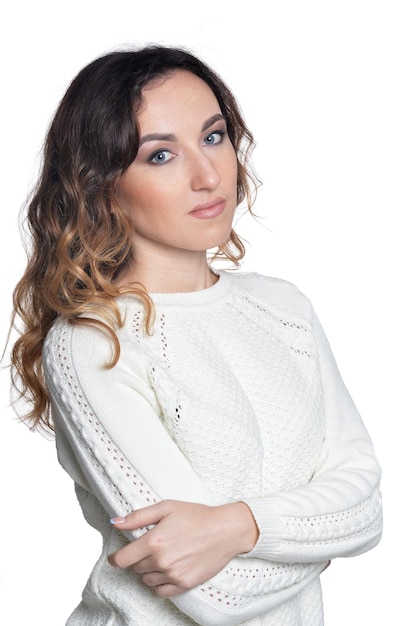 Portrait of young woman on white background