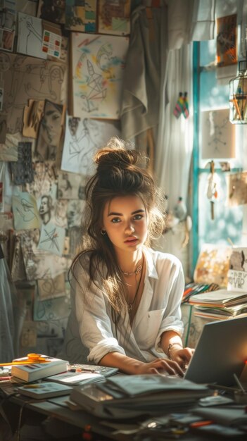 Foto ritratto di una giovane donna con una camicia bianca che lavora su un portatile in uno studio d'arte