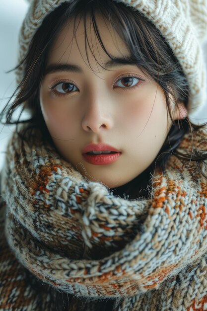 Portrait of a Young Woman in Winter Attire with Scarf and Knit Hat Cozy Fashion Look with a Serene