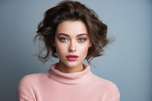 Portrait of a young woman in a winter pink sweater