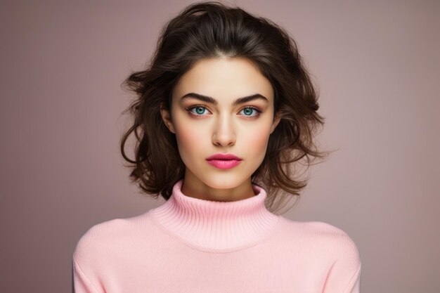 Portrait of a young woman in a winter pink sweater